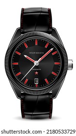 Realistic watch clock red silver black face leather strap on white design classic luxury vector illustration.