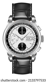 Realistic watch clock silver black face white arrow number with leather strap on isolated design classic luxury vector