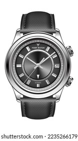 Realistic watch clock silver black face grey arrow with fabric strap on white design classic luxury for men vector illustration.