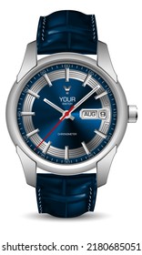 Realistic watch clock silver blue face leather strap on white design classic luxury vector illustration.