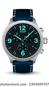 Realistic watch clock silver dark grey steel face blue arrow number with leather strap on white design classic luxury vector illustration.