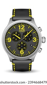 Realistic watch clock silver dark grey steel face yellow arrow number with leather strap on white design classic luxury vector illustration.