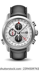 Realistic watch clock silver face white red arrow black number with leather strap on isolated design classic luxury vector illustration.