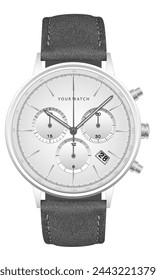 Realistic watch clock silver face grey arrow black number with leather strap on white design classic luxury vector illustration.