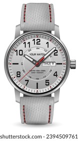 Realistic watch clock silver white face red arrow black number with fabric strap on isolated design classic luxury vector illustration.