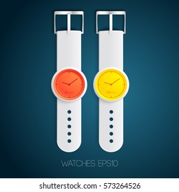Realistic watches template with gray leather wristlets red and orange dials isolated vector illustration