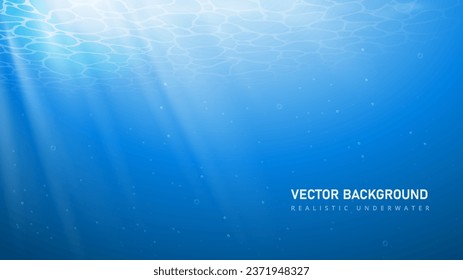 Realistic water background. Underwater space for text and presentation. Sea and ocean with rays of sunlight. Poster or banner for website. Texture and wallpaper. Vector illustration