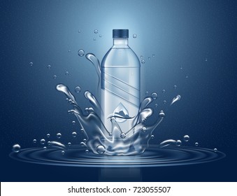 Realistic water bottle made of plastic or glassware empty, blank 3d container. H2O splashes with bubbles for drinking advertising at label or sticker. Health and packaging, banner and badge theme