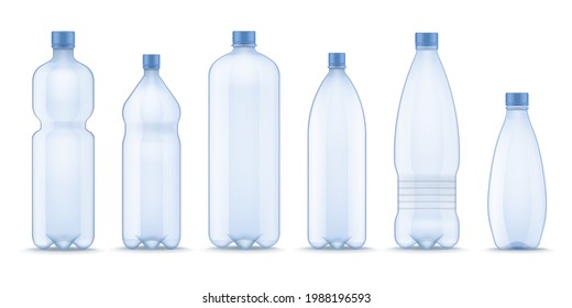 Realistic water bottle. Plastic containers for mineral, carbonated and soft beverages. 3D blank transparent jar with lid for liquid. Types set of drink packaging. Vector branding template