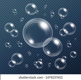 Realistic water bubbles collection isolated on transparent background. Vector illustration.