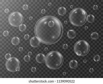 Realistic water bubbles with reflection on transparent background. Underwater bubbles. Fizzing air in water, sea, aquarium, ocean, glass. Vector illustration.