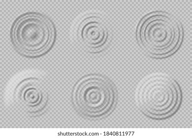 Realistic water circles. Top view round waves, transparent ripple drop impact. Reflect clear liquid, grey splash surface shadow vector set