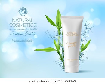 Realistic water cosmetics. Water splash and moisturizing or micellar cream tube with bamboo leaves, creating a soothing and eco-friendly skincare experience. Vector background with 3d cosmetic package