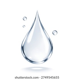 Realistic water drop with bubbles. Collagen and hyaluronic acid hydration concept. Clear liquid droplet. Cosmetic serum. Vector illustration