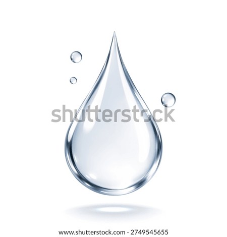 Realistic water drop with bubbles. Collagen and hyaluronic acid hydration concept. Clear liquid droplet. Cosmetic serum. Vector illustration