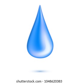 Realistic water drop in motion. 3d blue liquid rain bubble, raindrop. Natural purity, ecology and environment symbol. Vector isolated illustration, white background