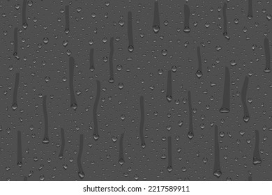 Realistic water drop pattern on dark background. Raindrops on glass for overlaying on window. Shower or rain. Droplets texture. Condensed water on surface. Vector illustration