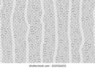 Patrón realista de caída de agua sobre fondo transparente. Gotas de lluvia en vidrio para dominar la ventana. Ducha o lluvia. Textura de las gotas. Agua condensada en la superficie. Ilustración del vector