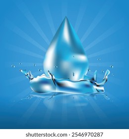 Gota de agua realista con el chapoteo y la onda en la luz aislada en la Ilustración vectorial azul del fondo del gradiente