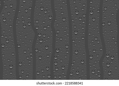 Realistic water drop texture on dark background. Raindrops on glass. Shower or rain on window. Droplets pattern. Condensed water on surface. Vector illustration