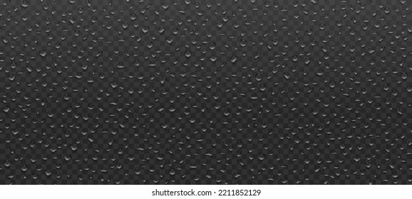 Realistic water drop transparent pattern on dark background. Raindrops on glass. Shower or rain on window. Droplets texture. Condensed water on surface. Vector illustration