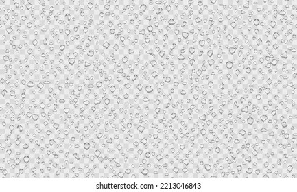 Realistic water drop transparent pattern on light background. Raindrops on glass. Shower or rain on window. Droplets texture. Condensed water on surface. Vector illustration