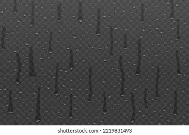 Realistic water drop transparent pattern on dark background. Raindrops on glass for overlaying on window. Shower or rain. Droplets texture. Condensed water on surface. Vector illustration