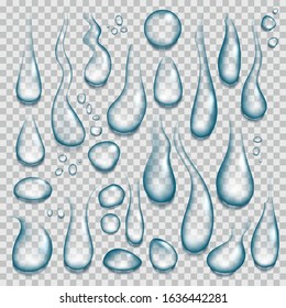 Realistic water drop. Transparent pure drops, tears splash and clearness droplets 3d vector isolated set. different shapes of raindrop aqua flowing