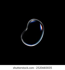 Realistic water drop vector illustration. 3D glass liquid, fluid shape with holographic effect and glares isolated on black. Glossy volume rounded aqua droplet. Soap bubble with reflection