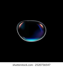 Ilustración vectorial realista de la gota de agua. Gota de agua redondeada de volumen brillante. Líquido de vidrio 3D, forma fluida con efecto holográfico y brillos aislados en negro. Burbuja de jabón con reflejo del arco iris