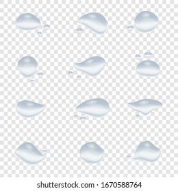vectores de gota de agua realistas aislados en fondo de transparencia, diseño de elementos, salpicaduras claras y ilustración de cristal lluvioso ep22