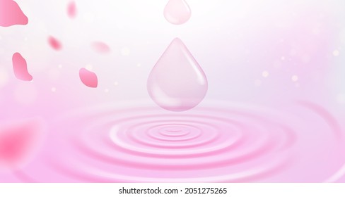 Realistic water droplet and cherry blossom petals falling, creating a ripple wave on pink paddle surface background. Vector illustration