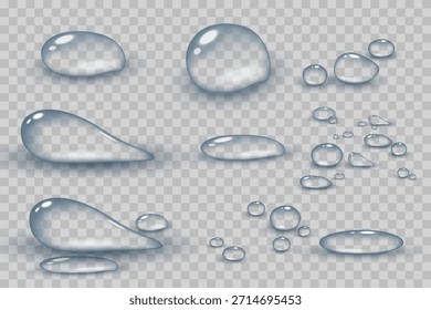 Coleção realista de gotas de água isoladas em fundo transparente.