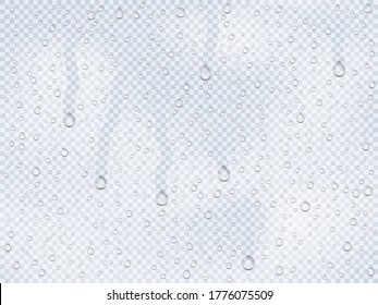 Realistic water droplets on the glass, rain drops on a window or steam transudation in shower, water droplets condensed on cold surface an isolated template