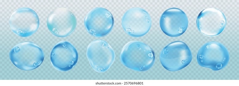 Realistic water droplets set on transparent background. Water droplets with reflections, bubbles, and light effects. Perfect for design and decoration. Soap bubble element vector set.