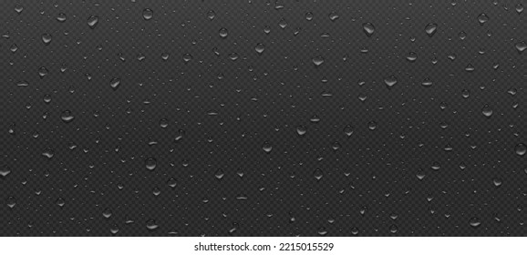 Realistic water droplets transparent pattern on black background. Raindrops on glass. Shower or rain on window. Drops texture. Condensed wet on surface. Vector illustration