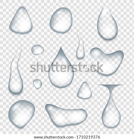 Realistic water drops, drops after the rain. Current drops from rain or spray. Set of condensation bubbles or realistic drip, H2O element and clear wet splash.