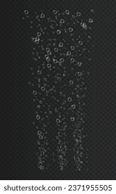 Realistic water drops concept. Bubbles on copy space. Waterflow and steams underwater. Soap and detergent. Template and mock up. Isometric vector illustration isolated on transparent background