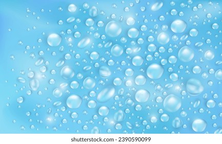 Realistic water drops or dew background. Template of soft blue banner with condensation texture or rain droplets overlay. Aqua fresh wallpaper with 3d collagen hydration puddles or water bubbles