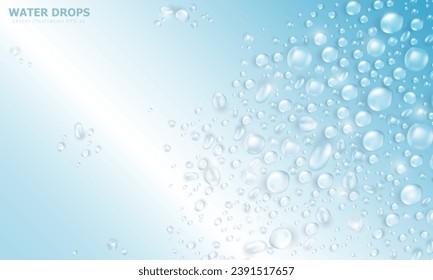 Gotas de agua o fondo de rocío realistas. Plantilla de banner azul suave con textura de condensación o capa de lluvia superpuesta. Papel de paredes fresco Aqua con charcos de hidrógeno 3d o burbujas de agua