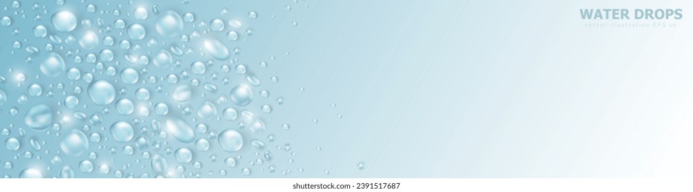 Gotas de agua realistas o fondo rocío con espacio para el texto. Plantilla de banner panorámico azul suave vacío con textura de condensación o gotitas de lluvia. Cabecera fresca Aqua con marco de burbuja de agua 3d