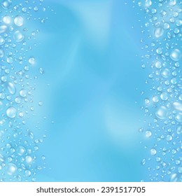 Realistic water drops or dew background with blank space for text. Template of soft blue empty square banner with condensation texture or rain droplets. Aqua fresh card with 3d water bubble frame