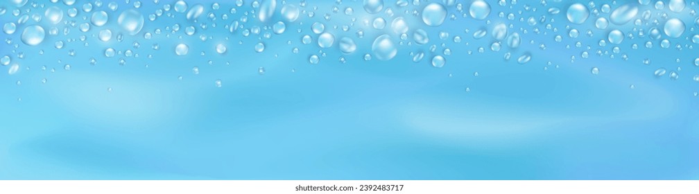 Realistic water drops or dew background with blank space for text. Template of soft blue empty panoramic banner with condensation texture or rain droplets. Aqua fresh header with 3d water bubble frame