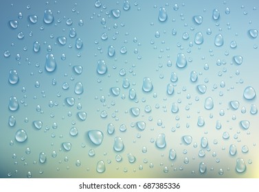 Realistic water drops. Horizontal mock up on colorful background. Vector illustration.