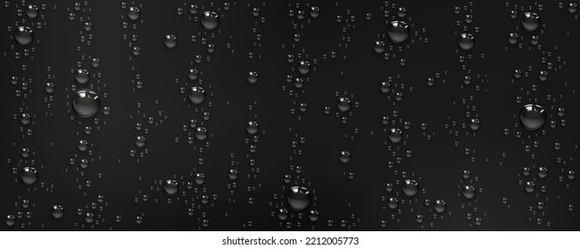 Realistic water drops on black surface. Vector illustration of condensation droplets sprakling with light reflection on luxury dark background. Abstract wet texture. Scattered aqua blobs pattern