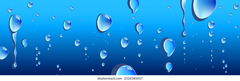 Realistic water drops on a blue background with a blue transition from light to dark blue Vector