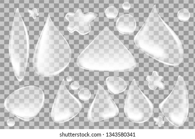 Realistic water drops on transparent background. Set of clear water drops. Vector realistic drop.