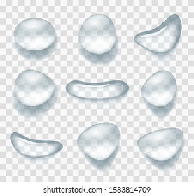 Realistic water drops on a transparent background. 3D transparent condensation droplets, bubble collection on clear surface. Vector set 3D realistic rain drops. Vector set - aqua, liquid elements