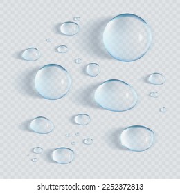  Realistic water drops on transparent background. Rain drops, Clear droplets. Vector illustration	