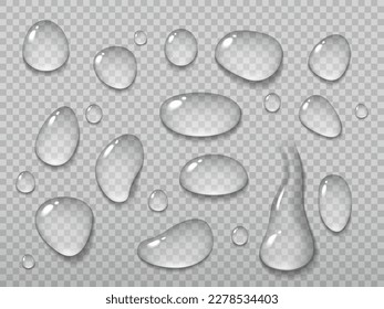 Realistic water drops on transparent background. Vector droplets of rain or dew, water vapor or steam condensation on wet surface. 3d clear aqua drops and liquid bubbles with light reflections